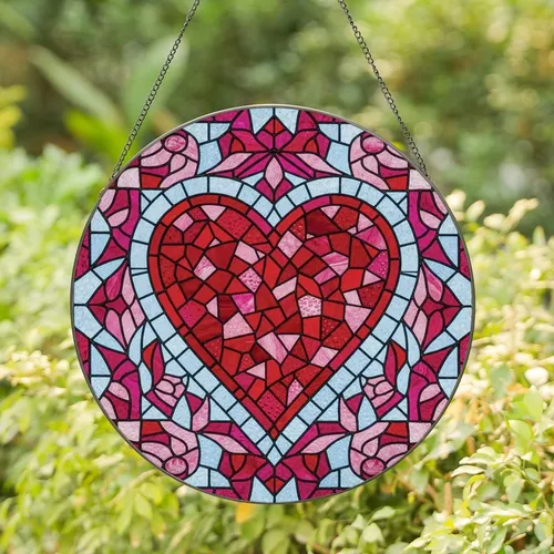 Art Lovers' Tiffany Style Stained Glass Heart Mosaic Jewel Tones Crimson Ruby Magenta Blue Stained Glass Suncatcher