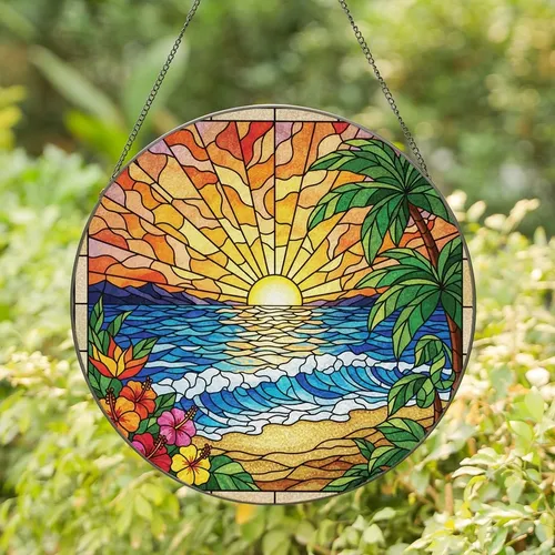 Tropical Art Lovers' Vibrant Tiffany Stained Glass Golden Sun Ocean Palm Mosaic Pattern Stained Glass Suncatcher