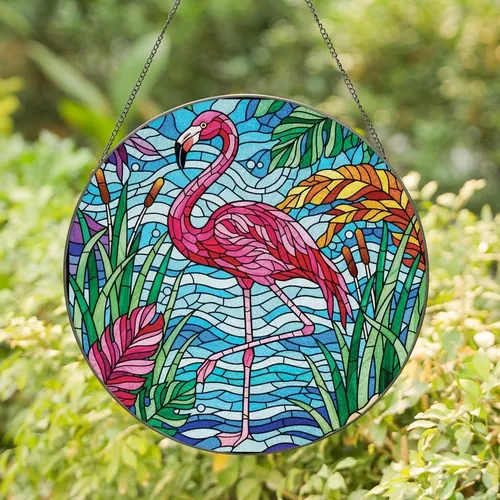 Art Lovers' Tiffany Stained Glass Flamingo Mosaic Rose Pink Fuchsia Jewel Tones Stained Glass Suncatcher
