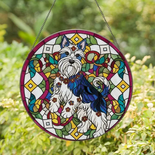 Dog Lovers' Scottish Terrier Stained Glass Tiffany Art Pearly White Blue Green Magenta Floral Geometric Mosaic Stained Glass Suncatcher