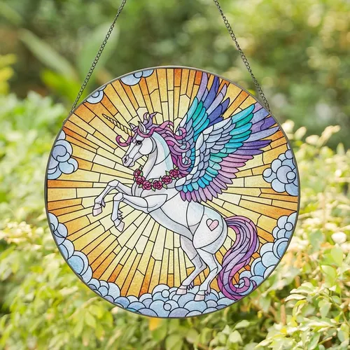 Fantasy Lovers' Tiffany Style Stained Glass Alicorn Celestial Mosaic Iridescent Jewel Tone Stained Glass Suncatcher