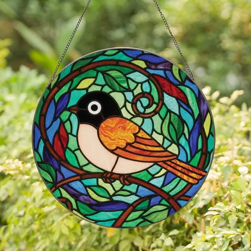 Nature Lovers' Tiffany Stained Glass Plump Orange Winged Bird Black Head Peach Belly Mosaic Art Stained Glass Suncatcher