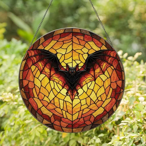 Gothic Art Adorers' Stained Glass Bat Mosaic, Fiery Orange, Amber & Black Jewel Tones Stained Glass Suncatcher