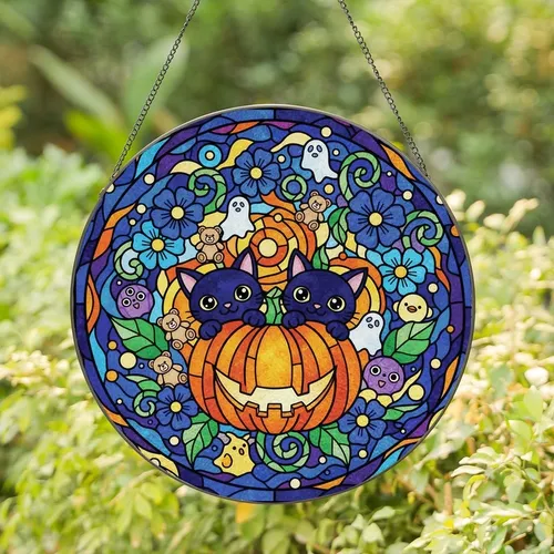 Cat Lovers' Glowing Stained Glass Black Cats Pumpkin Cosmic Jewel Tone Mosaic Stained Glass Suncatcher