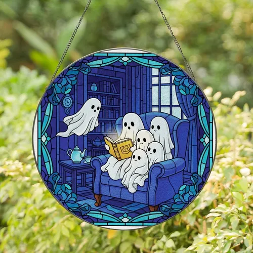 Whimsical Art Lovers' Tiffany Stained Glass Reading Ghosts Indigo Teal Golden Floral Mosaic Stained Glass Suncatcher