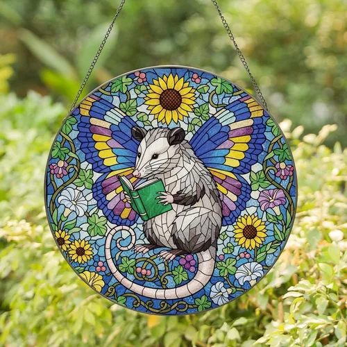 Whimsical Nature Lovers' Stained Glass Opossum Reading Intricate Butterfly Wings Floral Mosaic Jewel Tones Stained Glass Suncatcher