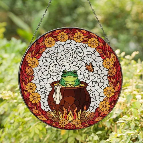 Fantasy Art Enthusiasts' Jewel Tone Stained Glass Frog Cauldron Marigold Autumn Leaf Mosaic Art Stained Glass Suncatcher