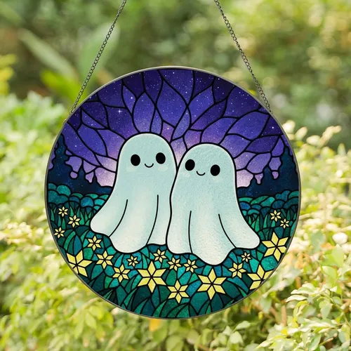 Fantasy Art Lovers' Glowing Ghost Duo Stained Glass Teal Indigo Night Luminous Starscape Stained Glass Suncatcher