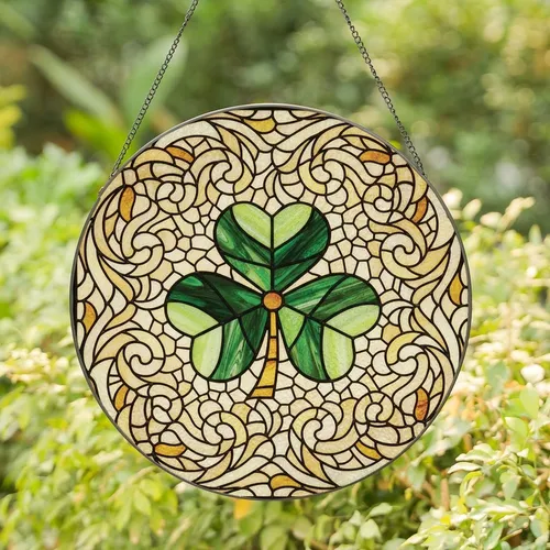 Art Nouveau Fans' Emerald Shamrock Tiffany Stained Glass Intricate Organic Floral Mosaic Pattern Stained Glass Suncatcher