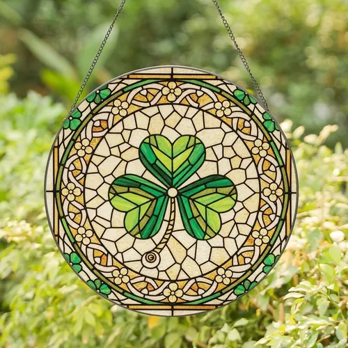 Intricate Art Lovers Vibrant Emerald Green Three-Leaf Shamrock Tiffany-Style Stained Glass Mosaic with Amber, Cream Tones & Floral Details Stained Glass Suncatcher