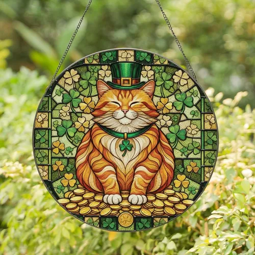 Cat Lovers' Tiffany Style Stained Glass Ginger Cat Leprechaun Hat Gold Shamrock Mosaic Stained Glass Suncatcher