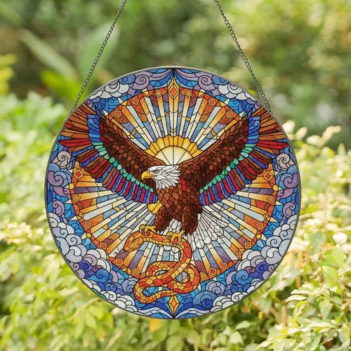 Wildlife Art Enthusiasts' High Contrast Stained Glass Eagle Snake Vibrant Jewel Tones Mosaic Art Stained Glass Suncatcher