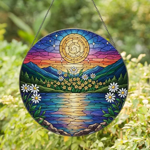 Art Lovers' Luminous Stained Glass Full Moon Mosaic Jewel Tone Twilight Landscape with Stars, Daisies, & Reflective Mountains Stained Glass Suncatcher