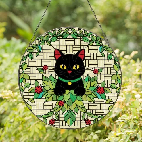 Cat Lovers' Vibrant Stained Glass Black Cat Green Leaf Red Ladybug Woven Mosaic Art Stained Glass Suncatcher