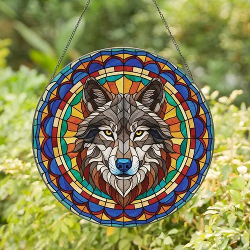 Wolf Lovers' Intricate Stained Glass Wolf Head Blues Amber Radiant Mosaic Pattern Stained Glass Suncatcher