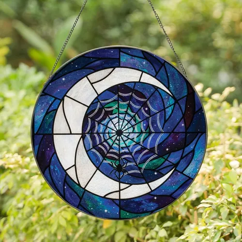 Celestial Art Lovers' Glowing Pearlescent Silver Crescent Moon Spider Web Stained Glass Night Sky Mosaic Stained Glass Suncatcher