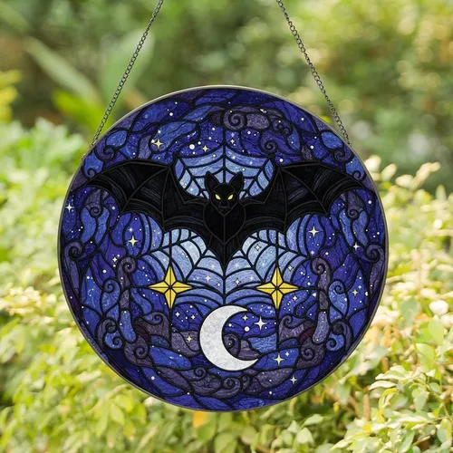 Gothic Art Lovers' Tiffany Style Stained Glass Black Bat Spiderweb Glowing Moon Stars Celestial Night Stained Glass Suncatcher