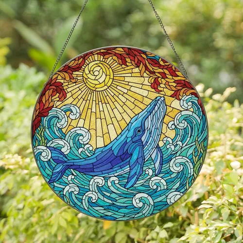 Ocean Lovers' Tiffany Style Stained Glass Blue Whale Golden Sunburst Ocean Art Stained Glass Suncatcher