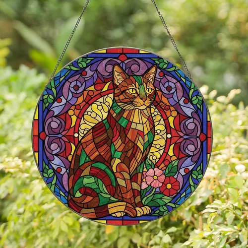 Cat Lovers' Vibrant Tiffany Style Stained Glass Cat Mosaic Jewel Tone Floral Geometric Art Stained Glass Suncatcher
