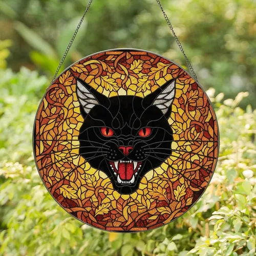 Mystical Art Fans' Fierce Black Cat Fiery Red Eyes Stained Glass Autumn Foliage Mosaic Stained Glass Suncatcher