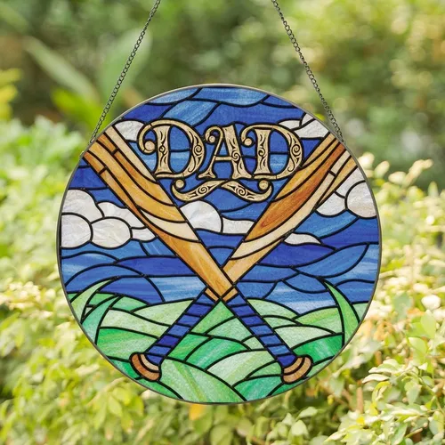 Baseball Fathers' High Contrast Tiffany Stained Glass Crossed Baseball Bats 'Dad' Amber Royal Blue Swirling Sky Mosaic Stained Glass Suncatcher