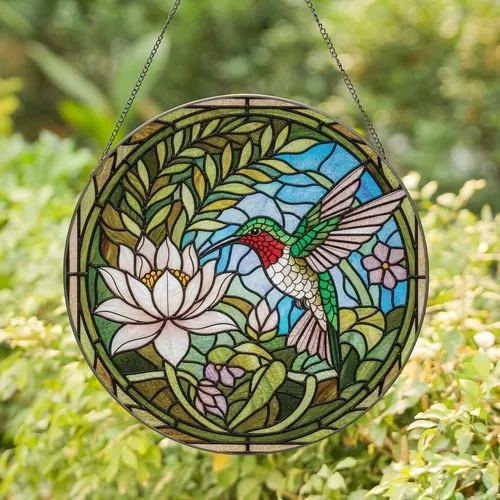 Nature Lovers' Tiffany Glass Ruby Hummingbird Jewel Tone Green Red Floral Mosaic Stained Glass Suncatcher