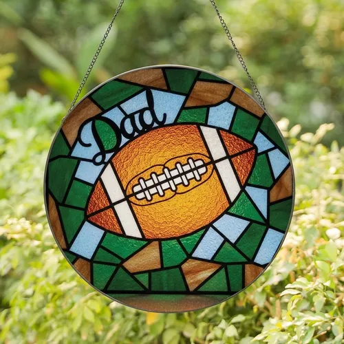 Football Dads' Tiffany Glass American Football Dad Cursive Orange White Green Blue Abstract Mosaic Art Pattern Stained Glass Suncatcher