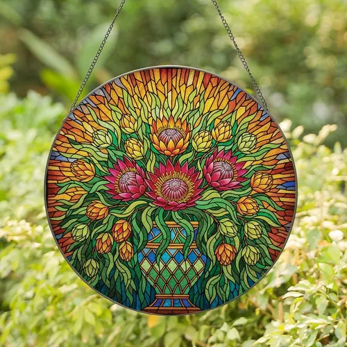 Floral Art Lovers' Radiant Protea Bouquet Tiffany Stained Glass Floral Mosaic Jewel Tones Red Pink Green Stained Glass Suncatcher