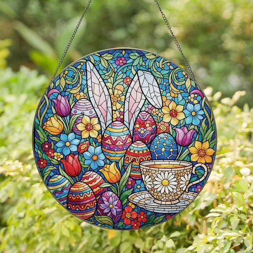 Easter Lovers' Intricate Jewel-Tone Tiffany Stained Glass Rabbit, Eggs, Flowers, Daisy Teacup Art Stained Glass Suncatcher