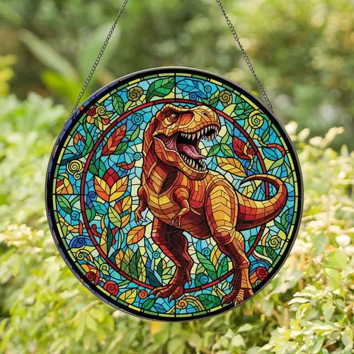 Dinosaur Enthusiasts' Vibrant Tiffany Stained Glass Roaring T-Rex Geometric Mosaic Stained Glass Suncatcher