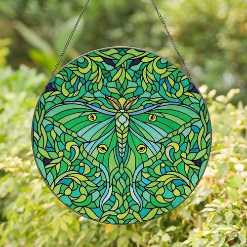 Nature Lovers' Luna Moth Tiffany Stained Glass Green Teal Yellow Foliage Mosaic Art Stained Glass Suncatcher