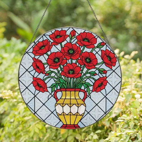 Art Lovers' Vibrant Red Poppy Stained Glass Floral Mosaic Tiffany Style Jewel Tones Edge-to-Edge Design Stained Glass Suncatcher