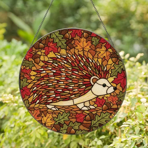 Nature Lovers' Vibrant Stained Glass Hedgehog Autumnal Jewel Tone Forest Mosaic Stained Glass Suncatcher
