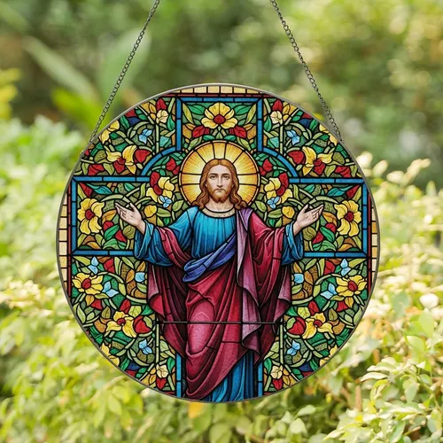 Inspirational Art Enthusiasts Vibrant Stained Glass Jesus Christ Celtic Cross Floral Mosaic Jewel Tones Stained Glass Suncatcher
