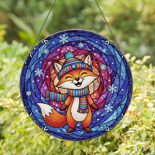 Winter Art Lovers' Cheerful Fox Tiffany Stained Glass Beanie Scarf Orange Blue Purple Jewel Tones Stained Glass Suncatcher