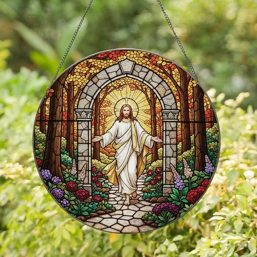 Christian Believers' Vibrant Tiffany Stained Glass Jesus Forest Scene Jewel Tones Stained Glass Suncatcher