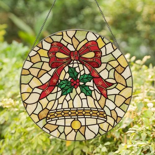 Holiday Celebrators' Tiffany Stained Glass Christmas Bell Mosaic with Red Bow, Green Holly & Golden Tones Stained Glass Suncatcher