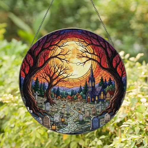 Art Lovers' Dramatic Tiffany Stained Glass Graveyard Full Moon Gothic Church Twilight Scene Stained Glass Suncatcher
