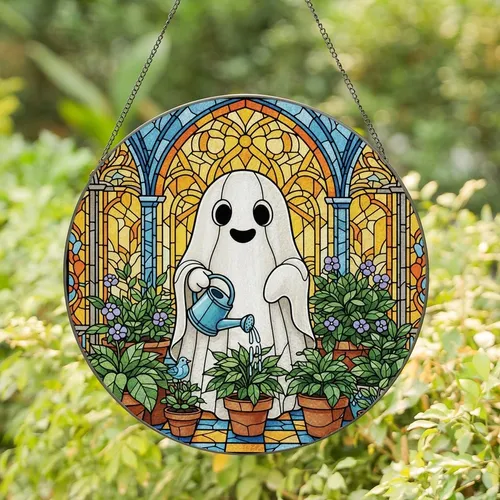Whimsical Gardeners' Vibrant Jewel Tone Tiffany Stained Glass Ghost Watering Plants Greenhouse Mosaic Stained Glass Suncatcher