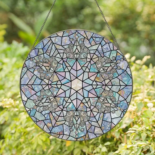 Design Enthusiasts' Radiant Six-Pointed Stained Glass Star Frost Mosaic Iridescent Jewel Tones Stained Glass Suncatcher