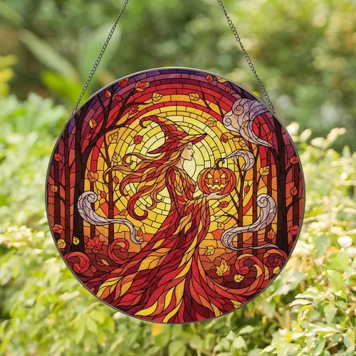 Witchy Aesthetic Fans' Glowing Tiffany Stained Glass Witch Profile Autumn Forest Mosaic Jewel Tones Stained Glass Suncatcher