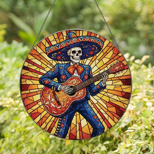 Festive Cultural Art Lovers' Stained Glass Mariachi Skeleton Calavera Blue Suit Fiery Orange Guitar Golden Mosaic Stained Glass Suncatcher