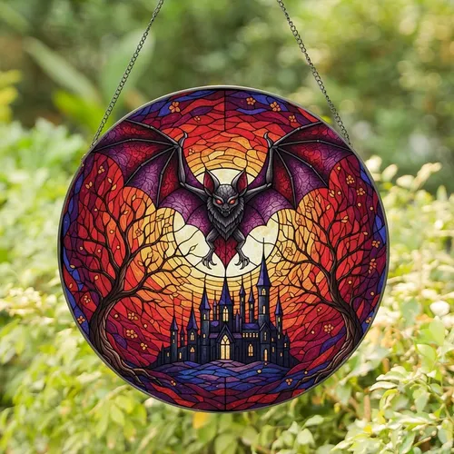 Dark Fantasy Fans' Edge-to-Edge Stained Glass Menacing Bat Luminous Moon Gothic Castle Design Stained Glass Suncatcher