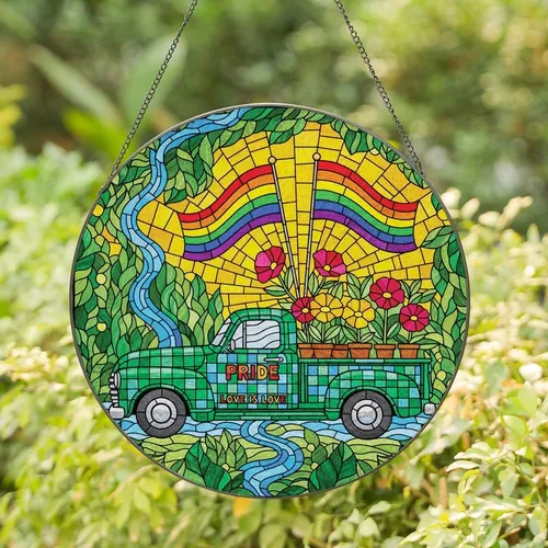 Art & Nature Lovers' Vibrant Tiffany Style Stained Glass Vintage Truck with Rainbow Flags & Jewel Tones Stained Glass Suncatcher
