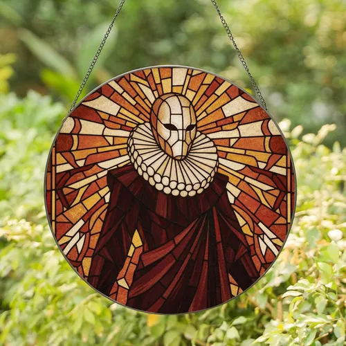 Gothic Art Lovers' Stained Glass Masked Figure Pale Ruffle Jewel Tone Mosaic Stained Glass Suncatcher