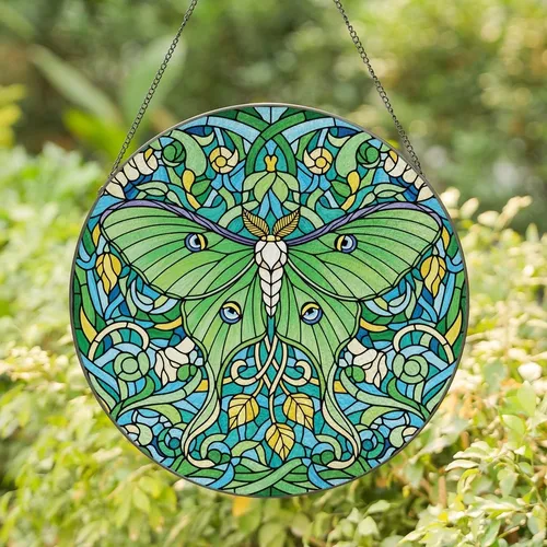Nature Lovers' Tiffany Stained Glass Luna Moth Chartreuse Green Wings Emerald Aqua Mosaic Stained Glass Suncatcher