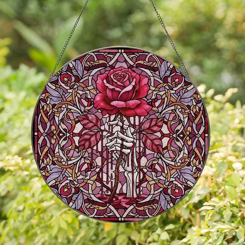 Gothic Art Lovers' Tiffany-Inspired Skeletal Hand Dripping Crimson Rose Stained Glass Mosaic Lilac Plum Stained Glass Suncatcher