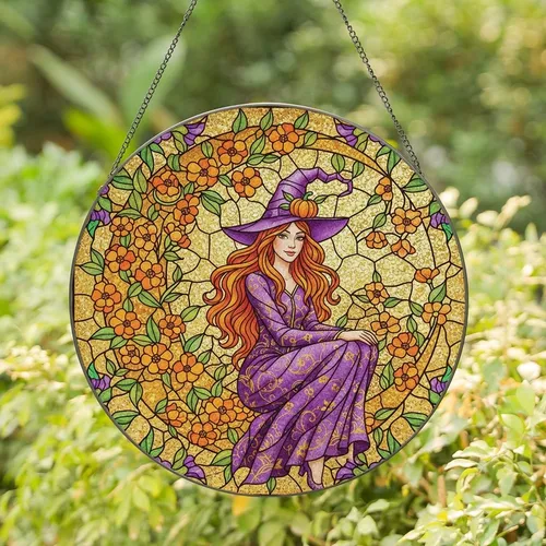 Whimsical Art Fans' Stained Glass Witch Tiffany Style Golden Moon Floral Jewel Tones Pattern Stained Glass Suncatcher