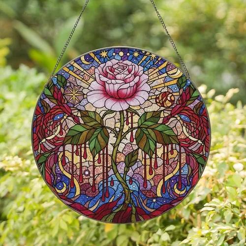 Women's Intricate Stained Glass Rose Ruby Magenta Golden Amber Celestial Mosaic Stained Glass Suncatcher