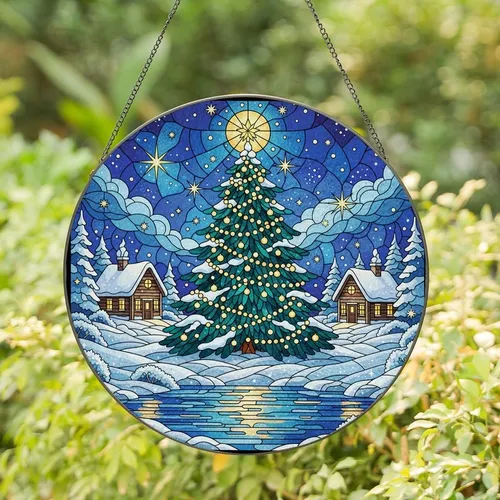 Stained Glass Art Lovers' Winter Christmas Tree Cabin Scene Deep Teal Gold Blue Celestial Mosaic Stained Glass Suncatcher